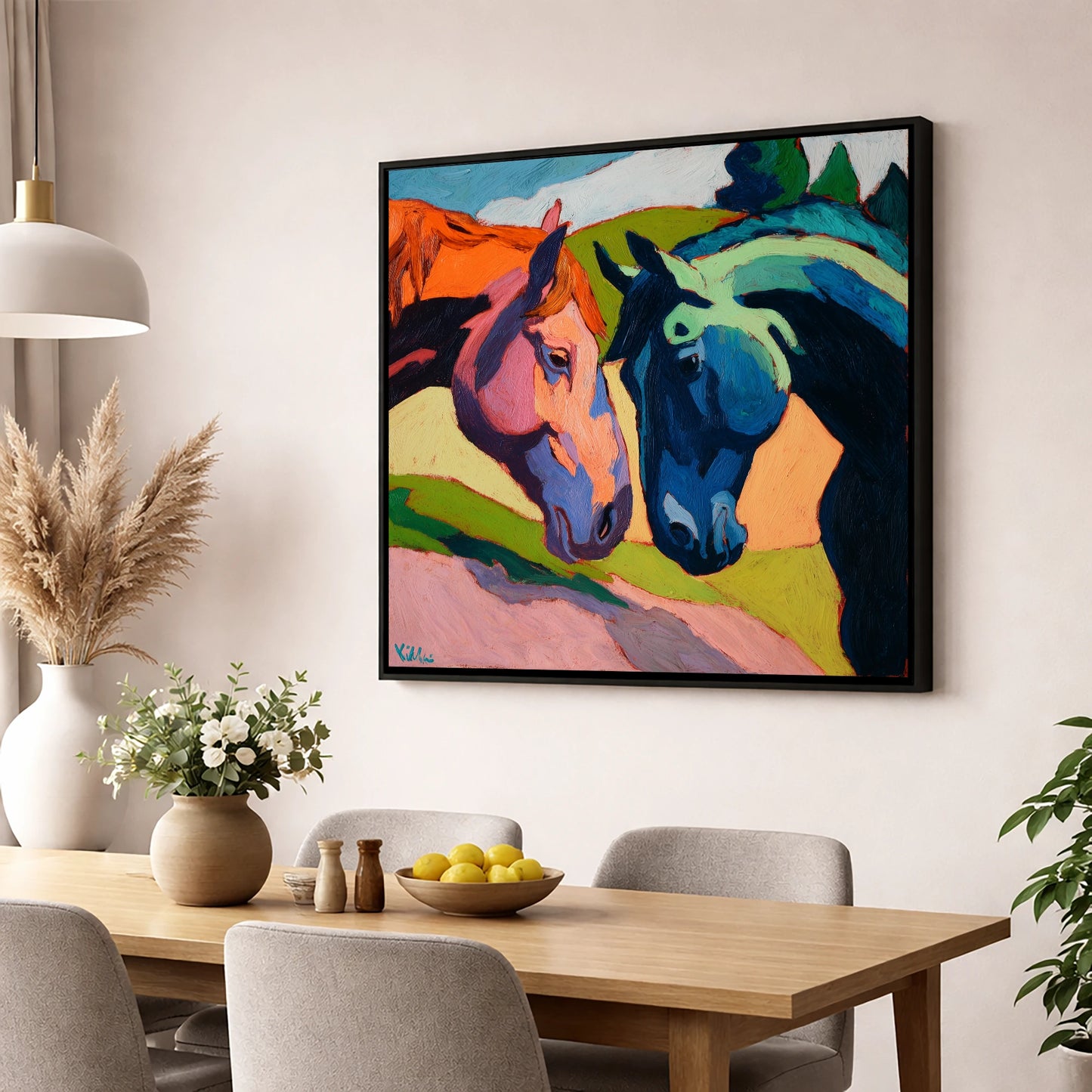 Vibrant Equine Connection horse portrait wall art displayed in a dining room