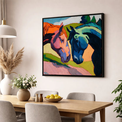 Vibrant Equine Connection horse portrait wall art displayed in a dining room