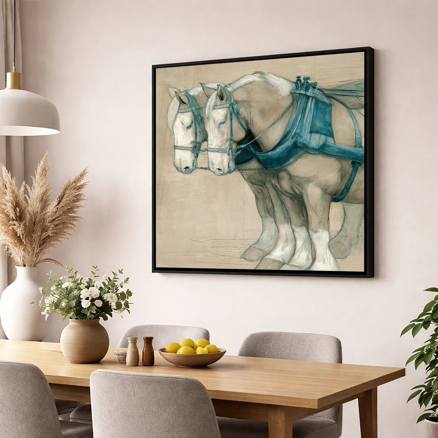 Quiet Strength in Harness working horse wall art displayed in a dining room