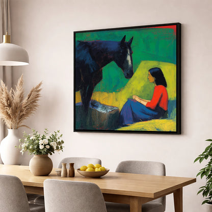 Quiet Communion horse & rider wall art displayed in a dining room