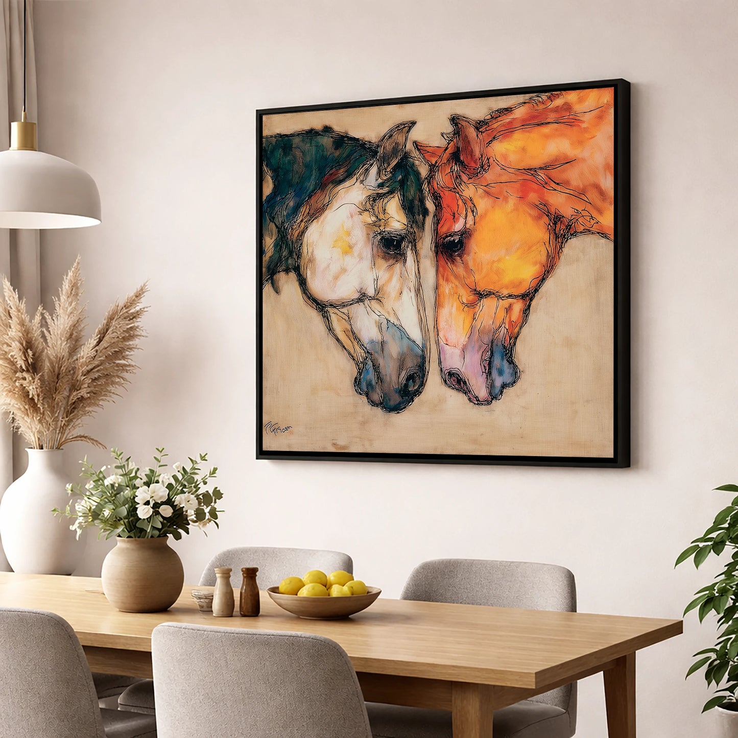 Kindred Spirits horse portrait wall art displayed in a dining room
