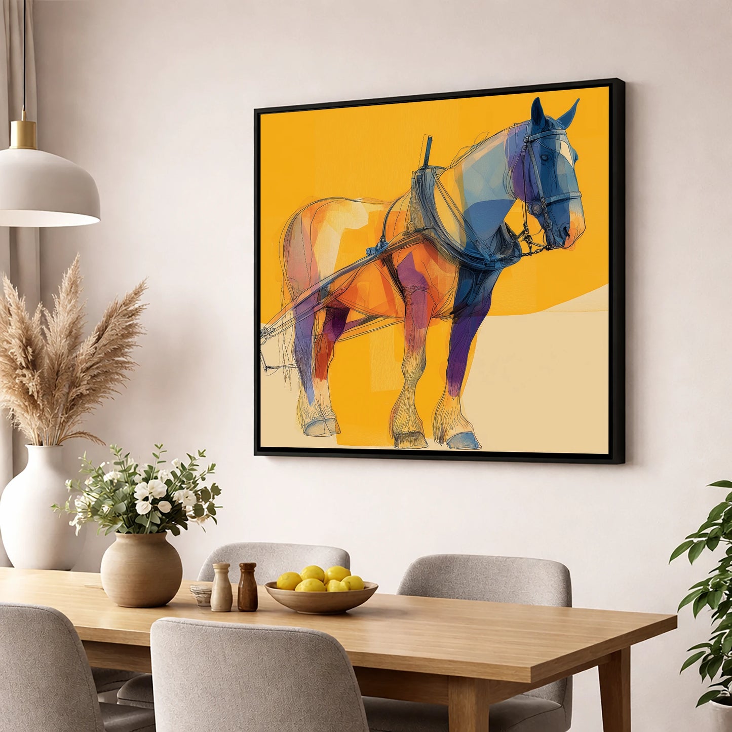 Modern Draught in Harness working horse wall art displayed in a dining room