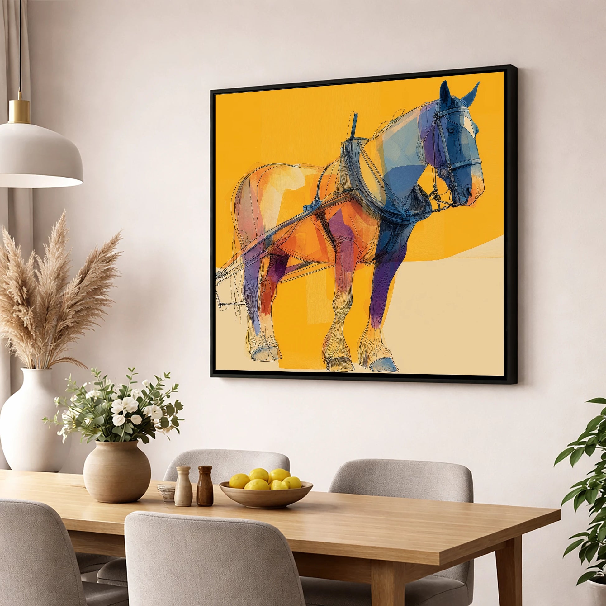 Modern Draught in Harness working horse wall art displayed in a dining room
