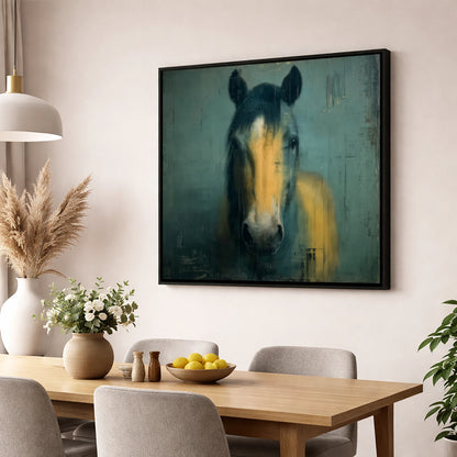 Ochre and Slate horse portrait wall art displayed in a dining room