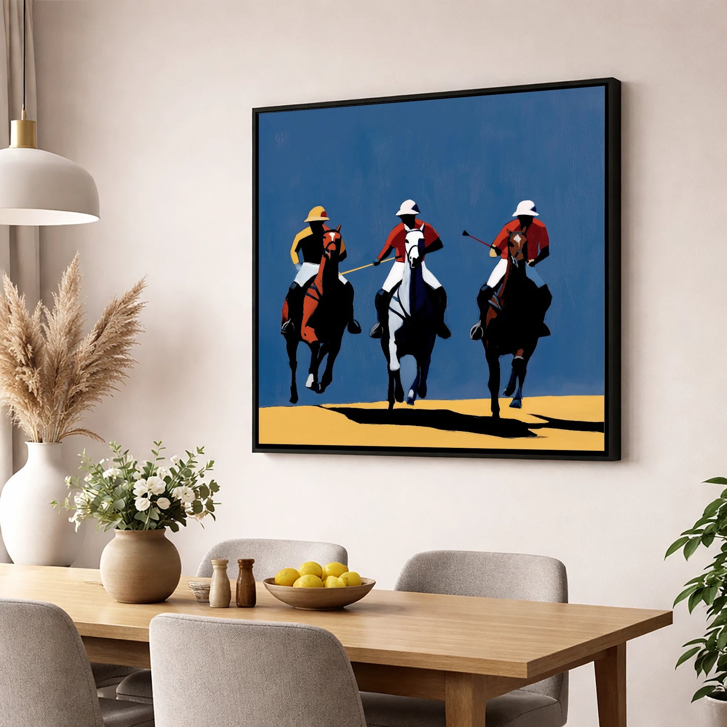 High Goal Charge polo horse wall art displayed in a dining room