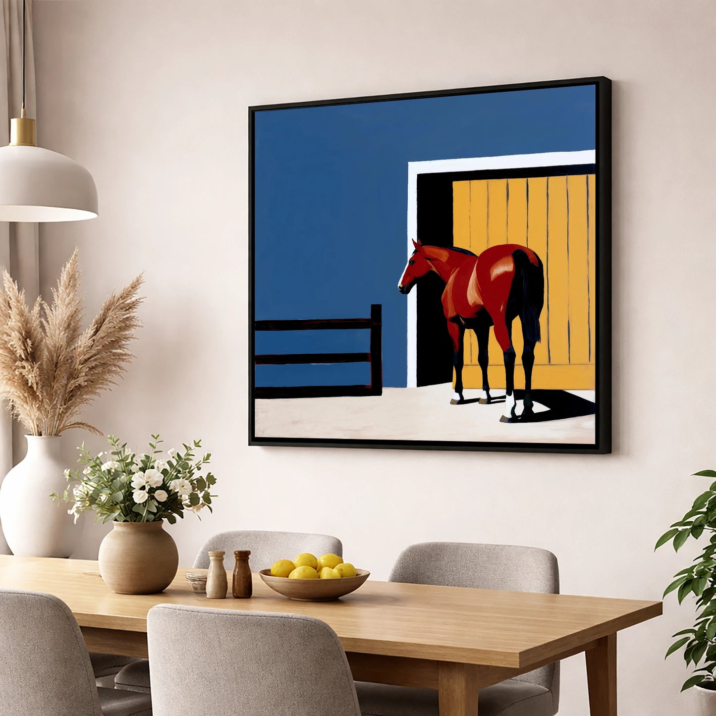 Chestnut at the Door horse stable wall art displayed in a dining room