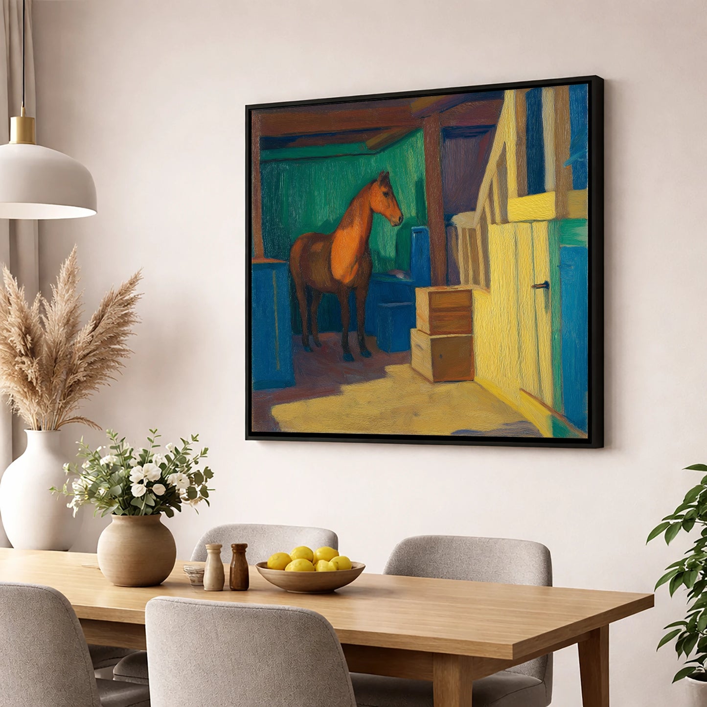 Vibrant Stable Light horse stable wall art displayed in a dining room