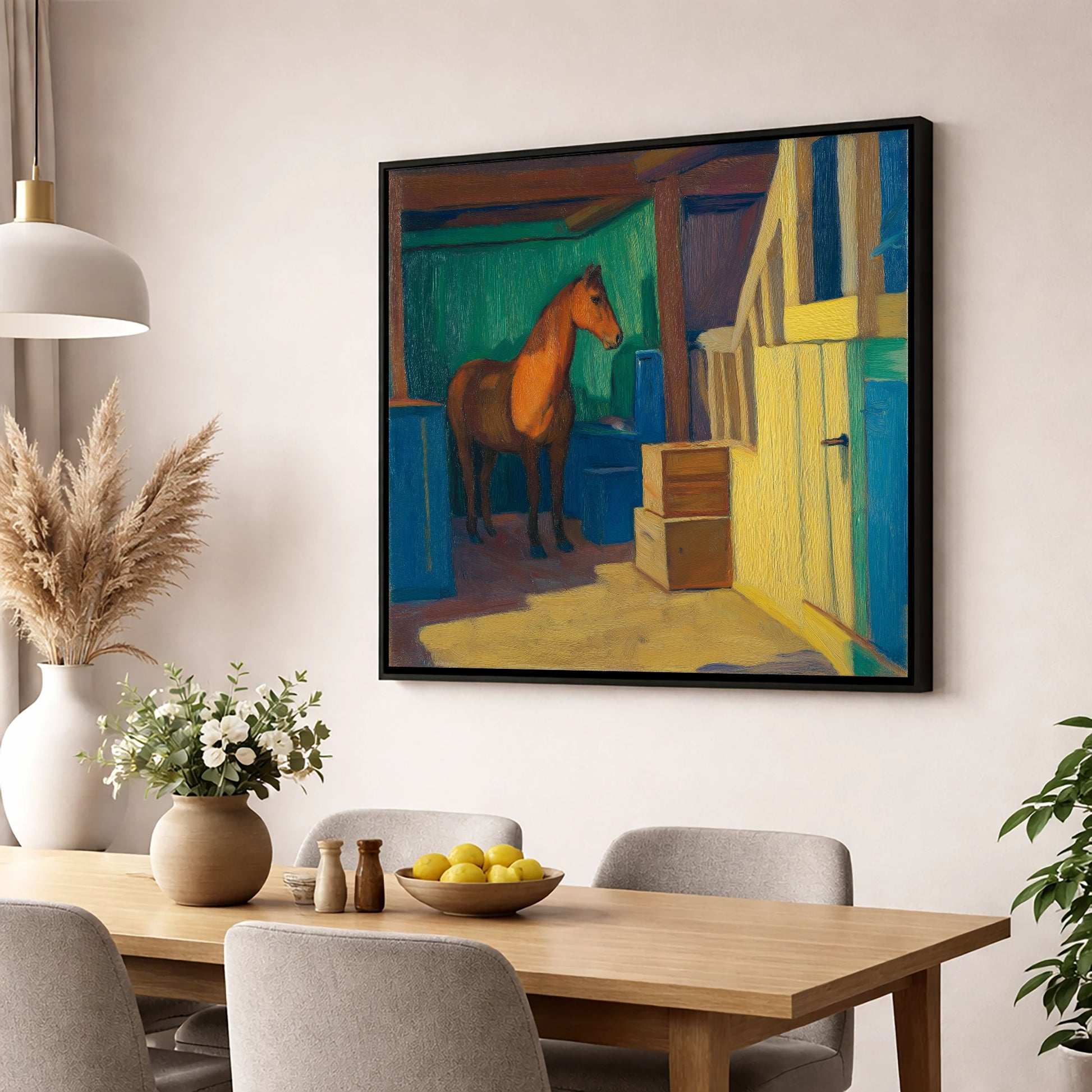Vibrant Stable Light horse stable wall art displayed in a dining room