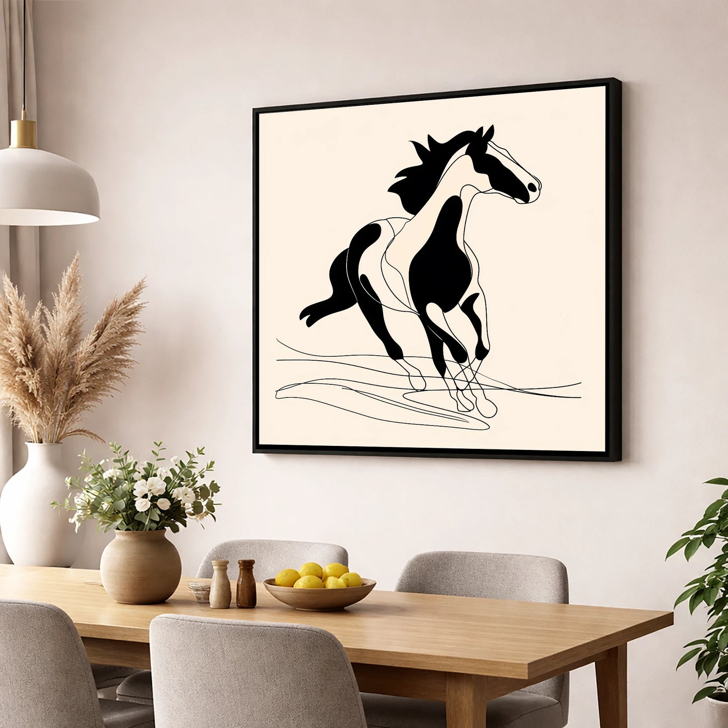 Fluid Equine Silhouette wild horses wall art displayed in a dining room