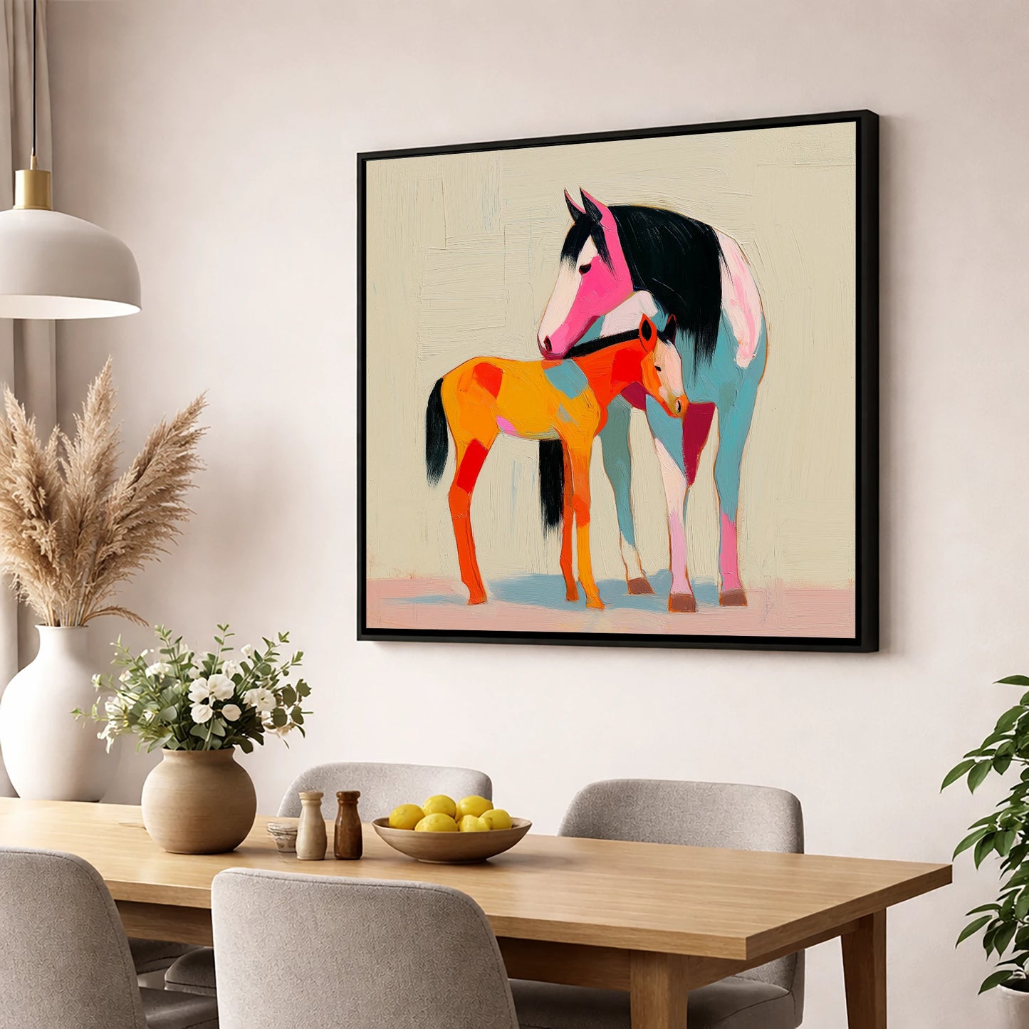 Vivid Maternal Bond mare & foal wall art displayed in a dining room