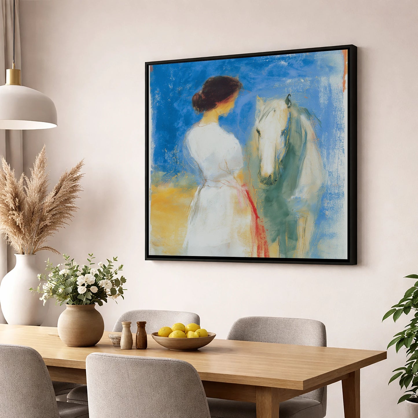 Whispers in Blue horse & rider wall art displayed in a dining room
