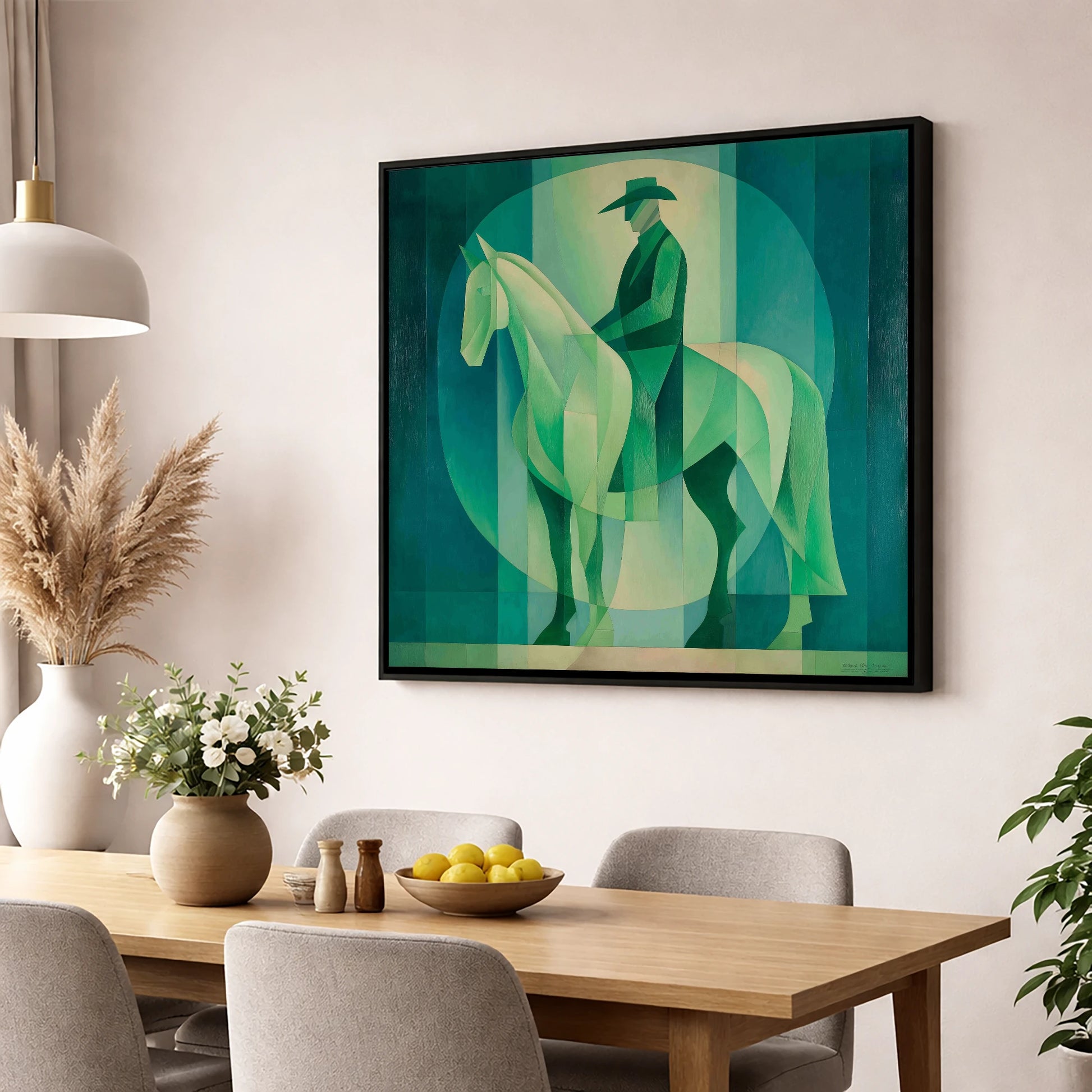 Emerald Western Silhouette western horse wall art displayed in a dining room