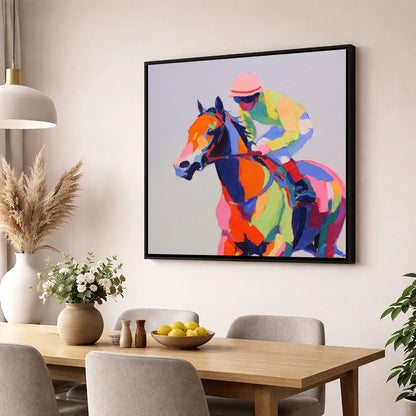 Technicolour Gallop racing horse wall art displayed in a dining room