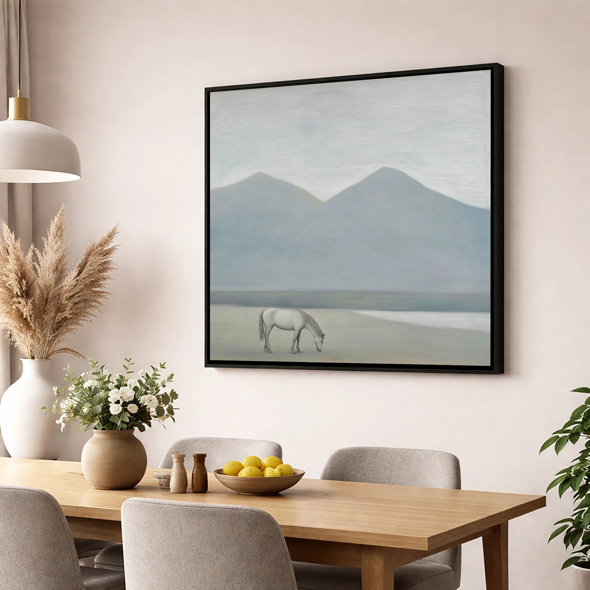 Solitary Mountain Grazing horse landscape wall art displayed in a dining room