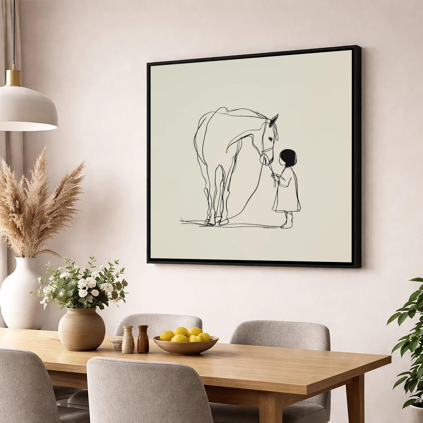 Quiet Trust horse & rider wall art displayed in a dining room