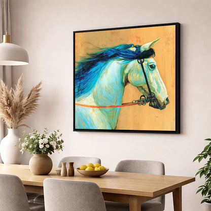 Cerulean Spirit horse portrait wall art displayed in a dining room