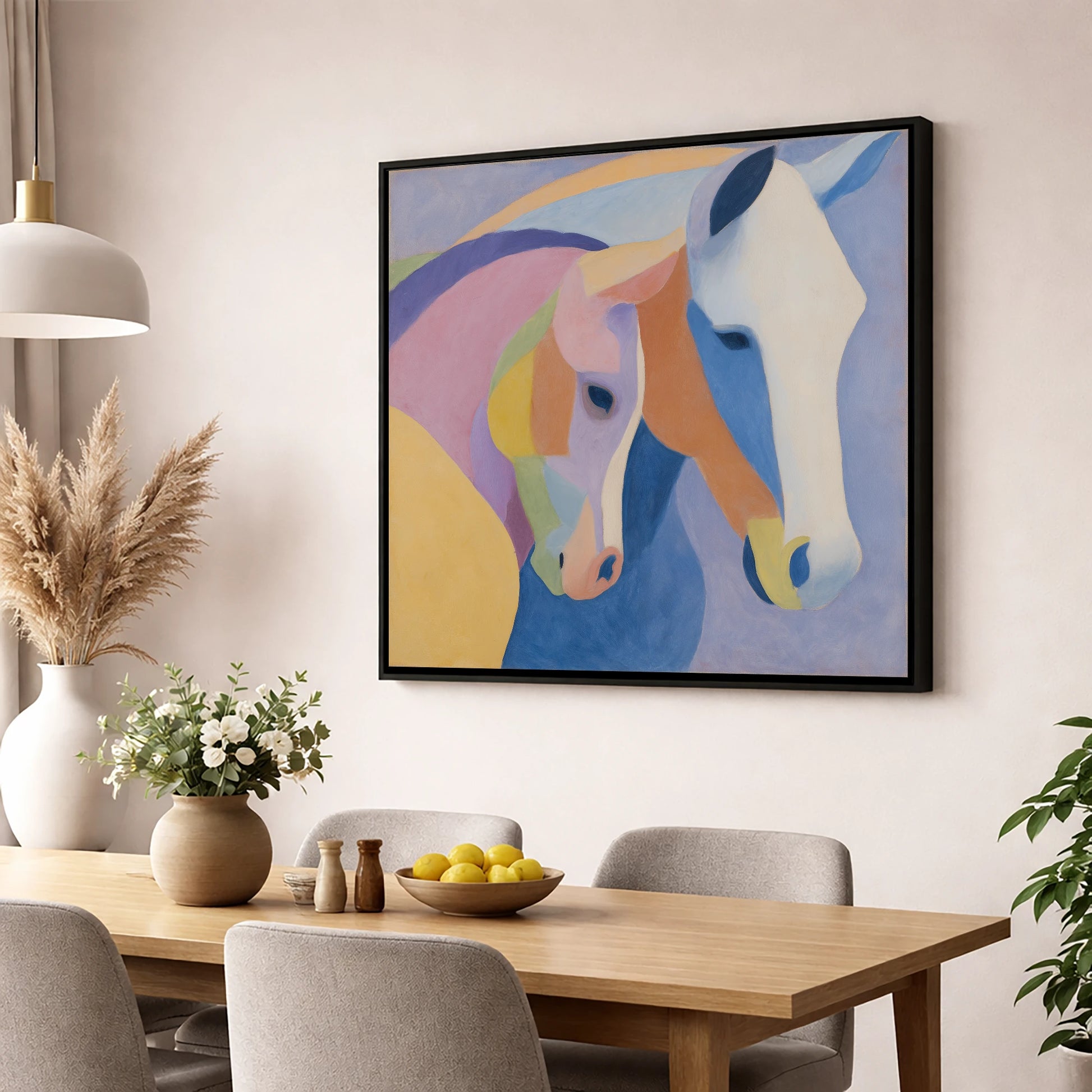 Pastel Equine Harmony mare & foal wall art displayed in a dining room