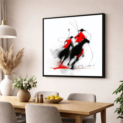 The Crimson Chukka polo horse wall art displayed in a dining room