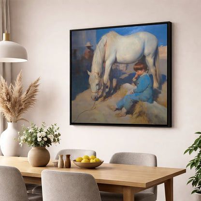 Quiet Companions horse & rider wall art displayed in a dining room