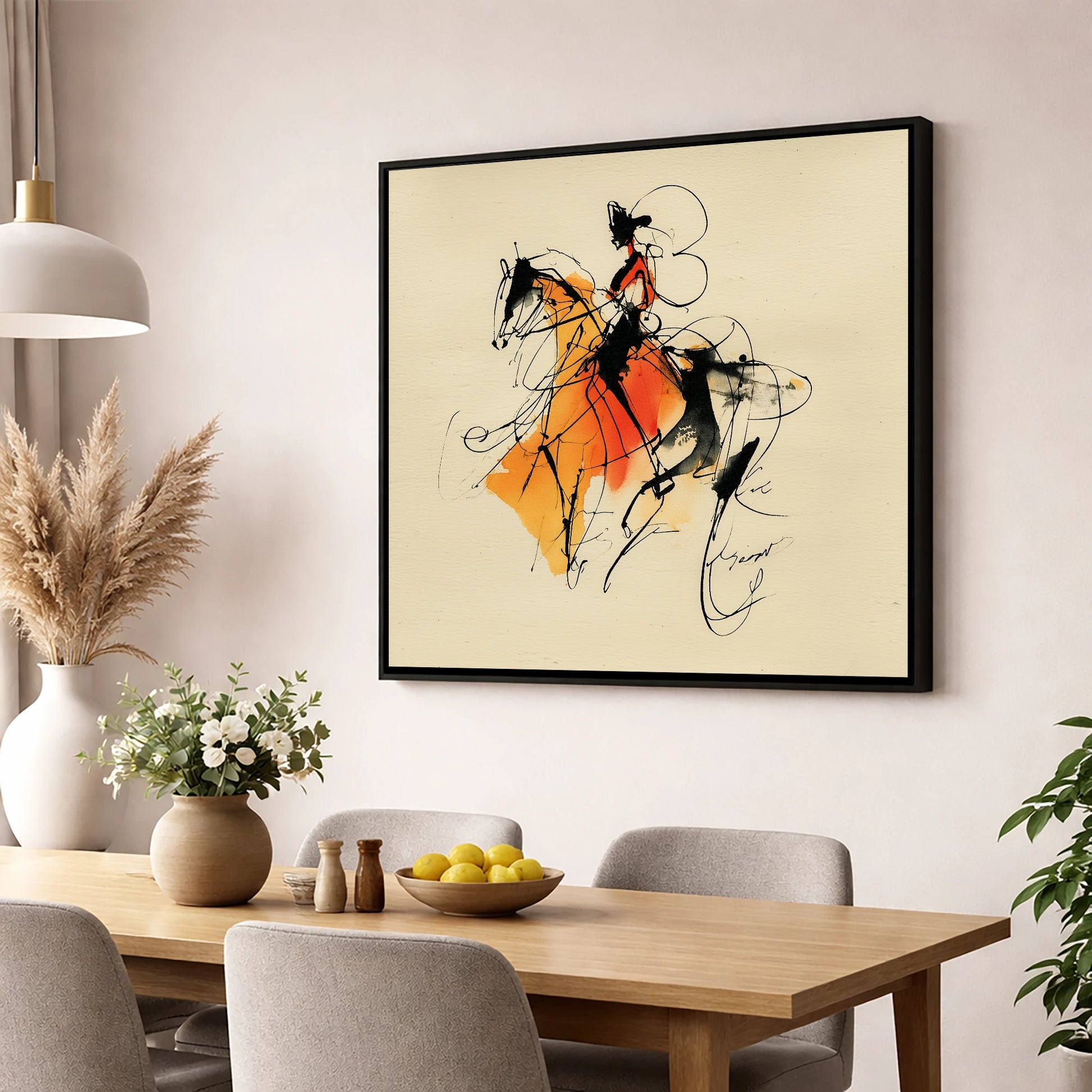 Harmony in Amber dressage horse wall art displayed in a dining room