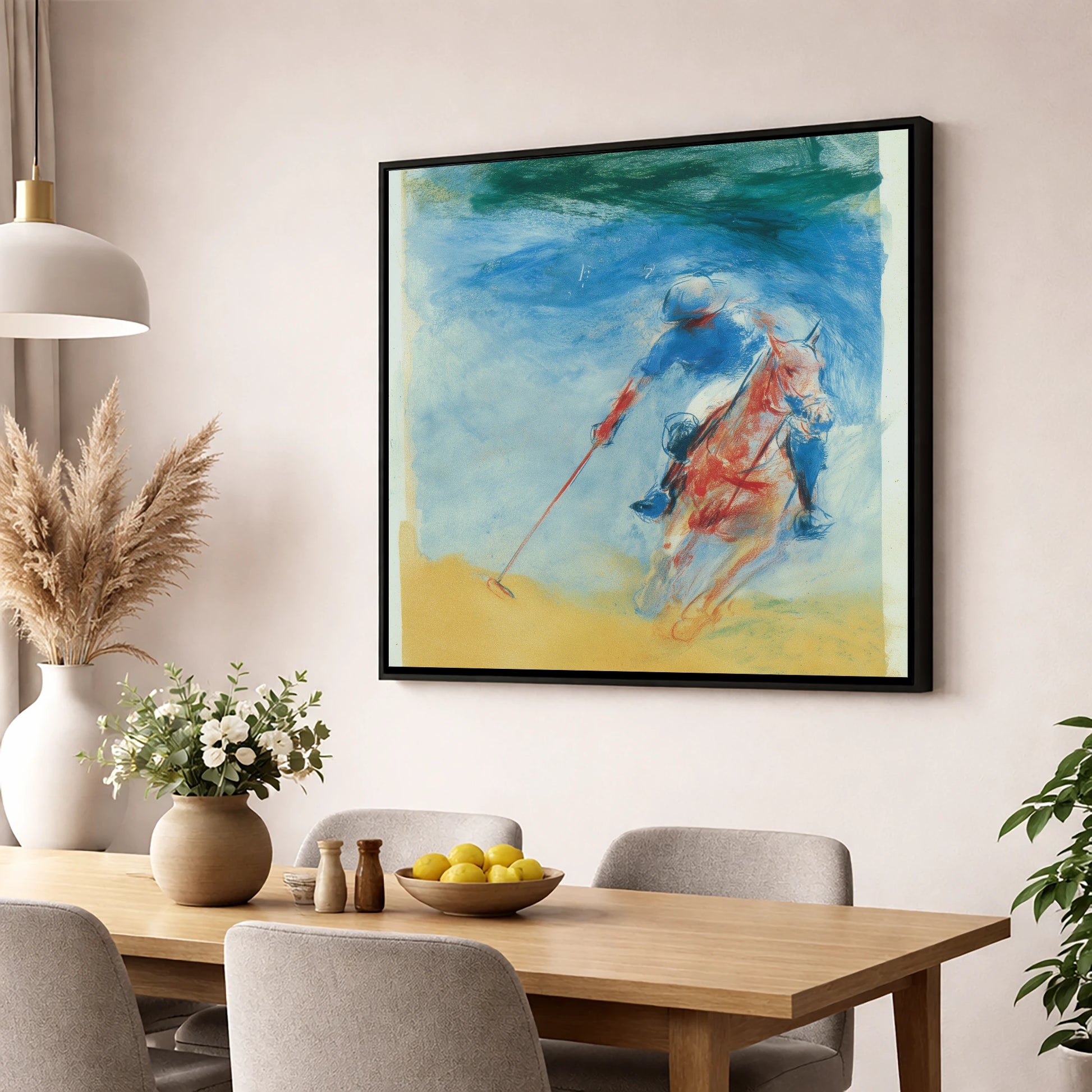 Velocity in Cerulean polo horse wall art displayed in a dining room