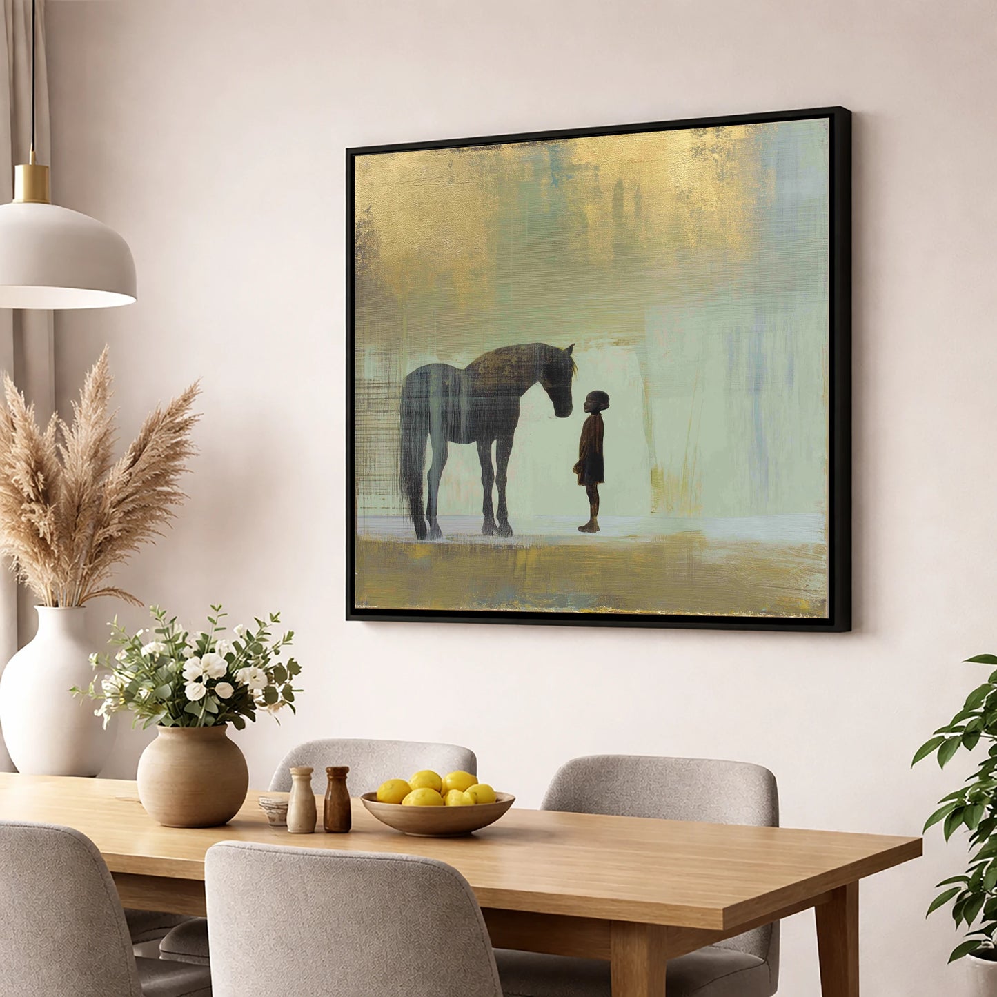 A Quiet Understanding horse & rider wall art displayed in a dining room