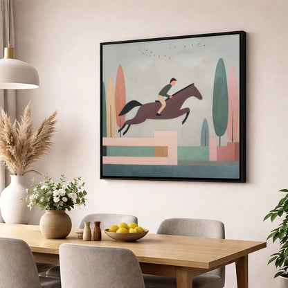 Nostalgic Clear Round show jumping horse wall art displayed in a dining room
