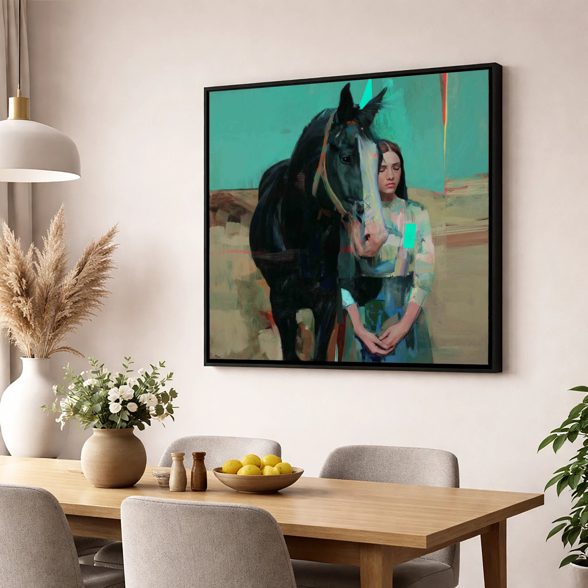 The Quiet Bond horse & rider wall art displayed in a dining room