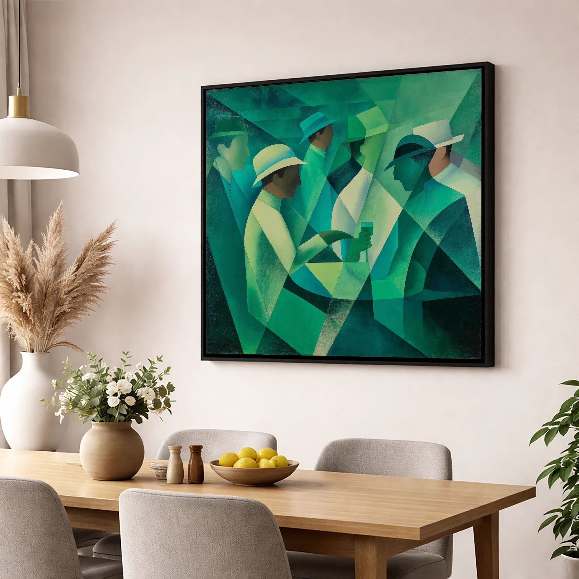 The Emerald Enclosure racing horse wall art displayed in a dining room