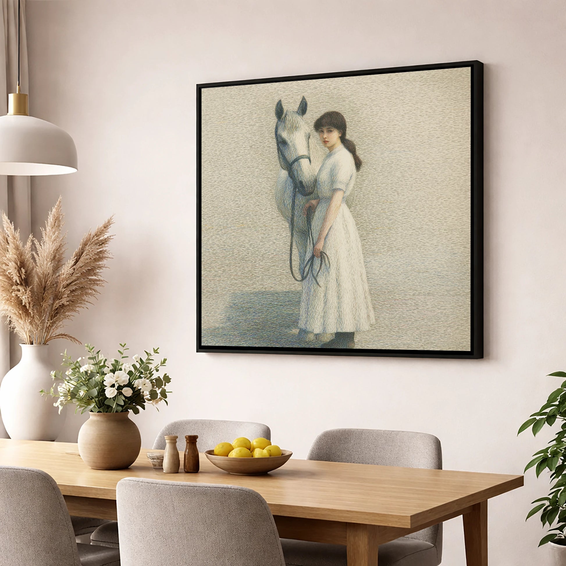 The Quiet Companion horse & rider wall art displayed in a dining room