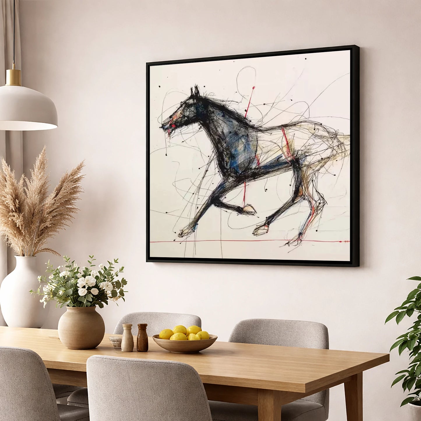 Racing Pulse racing horse wall art displayed in a dining room
