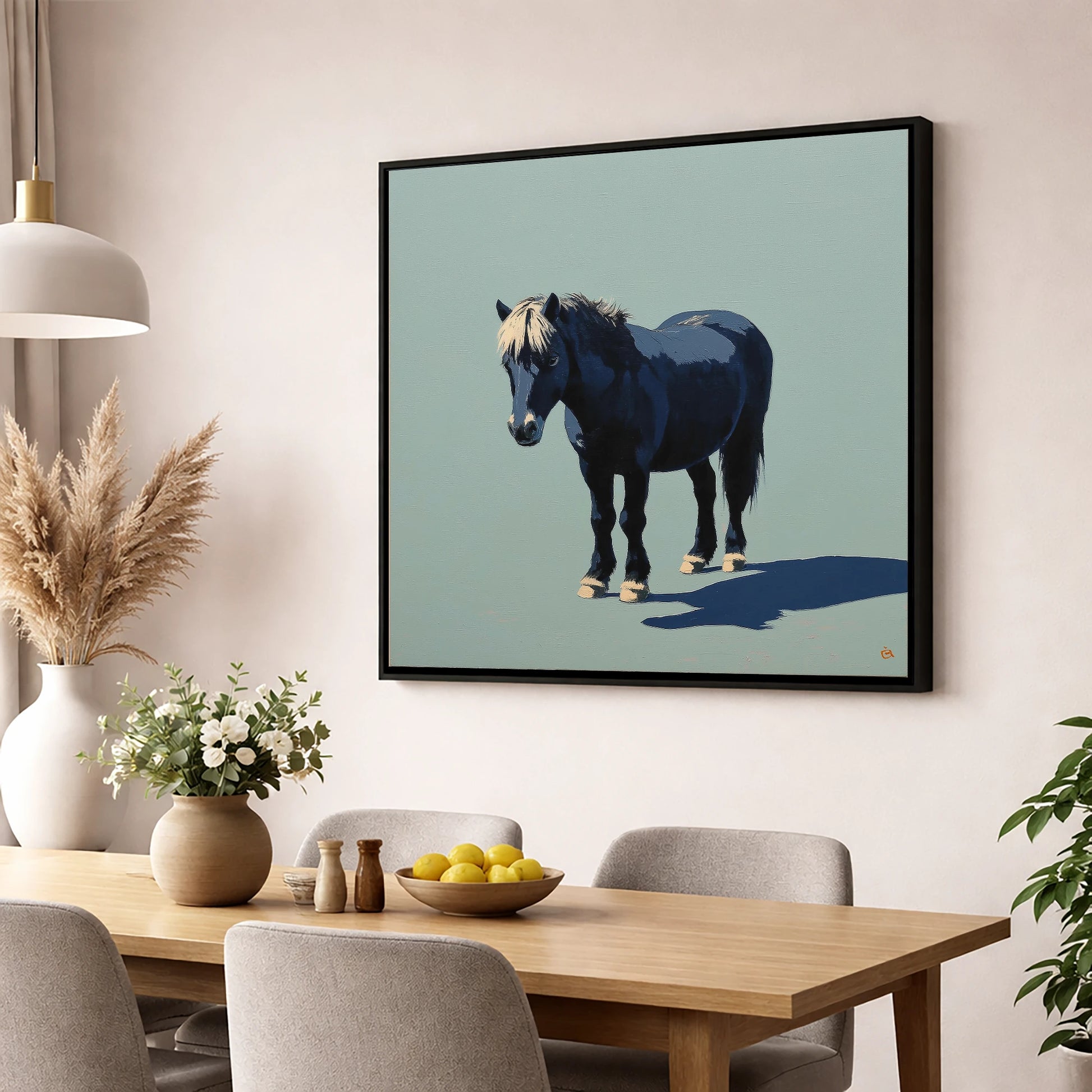 Midnight Blue Pony horse breed wall art displayed in a dining room
