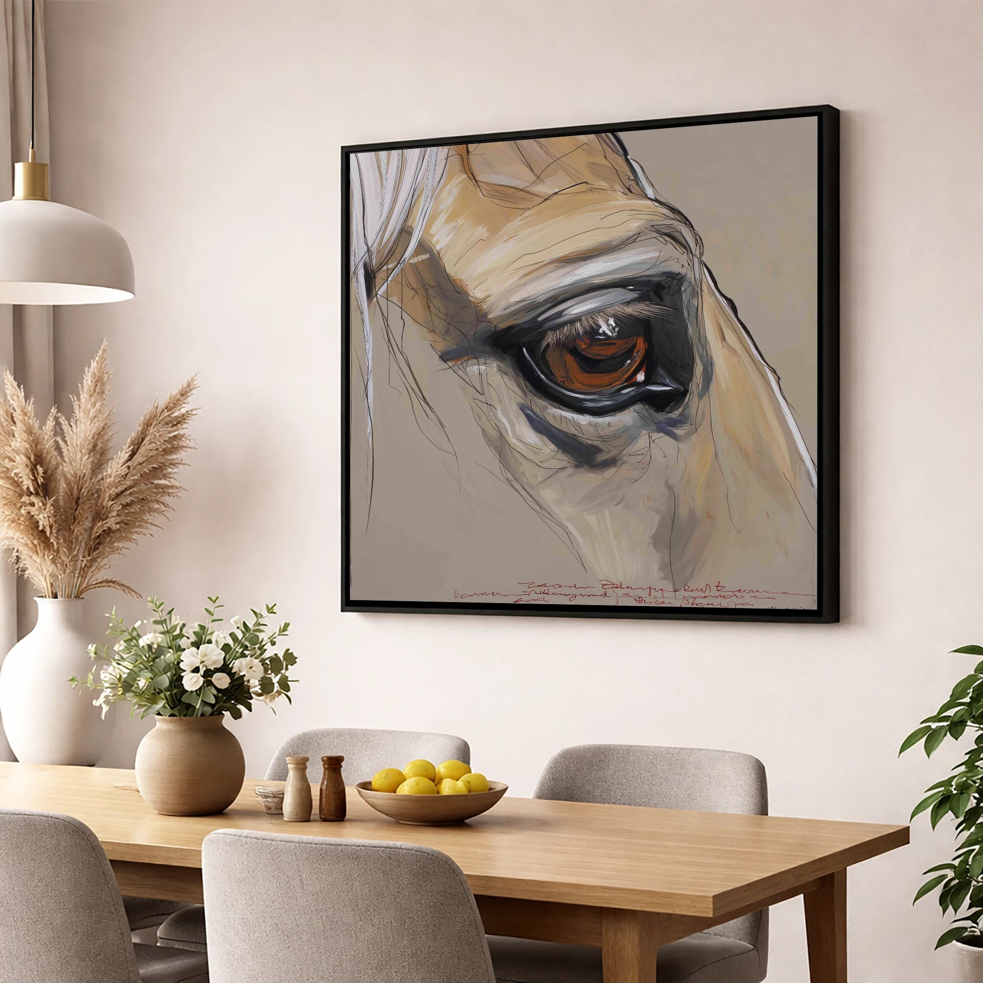 A Quiet Connection horse portrait wall art displayed in a dining room
