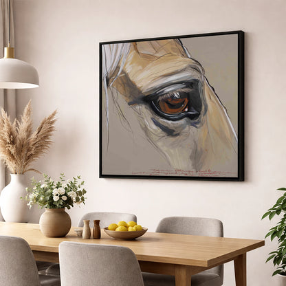 A Quiet Connection horse portrait wall art displayed in a dining room