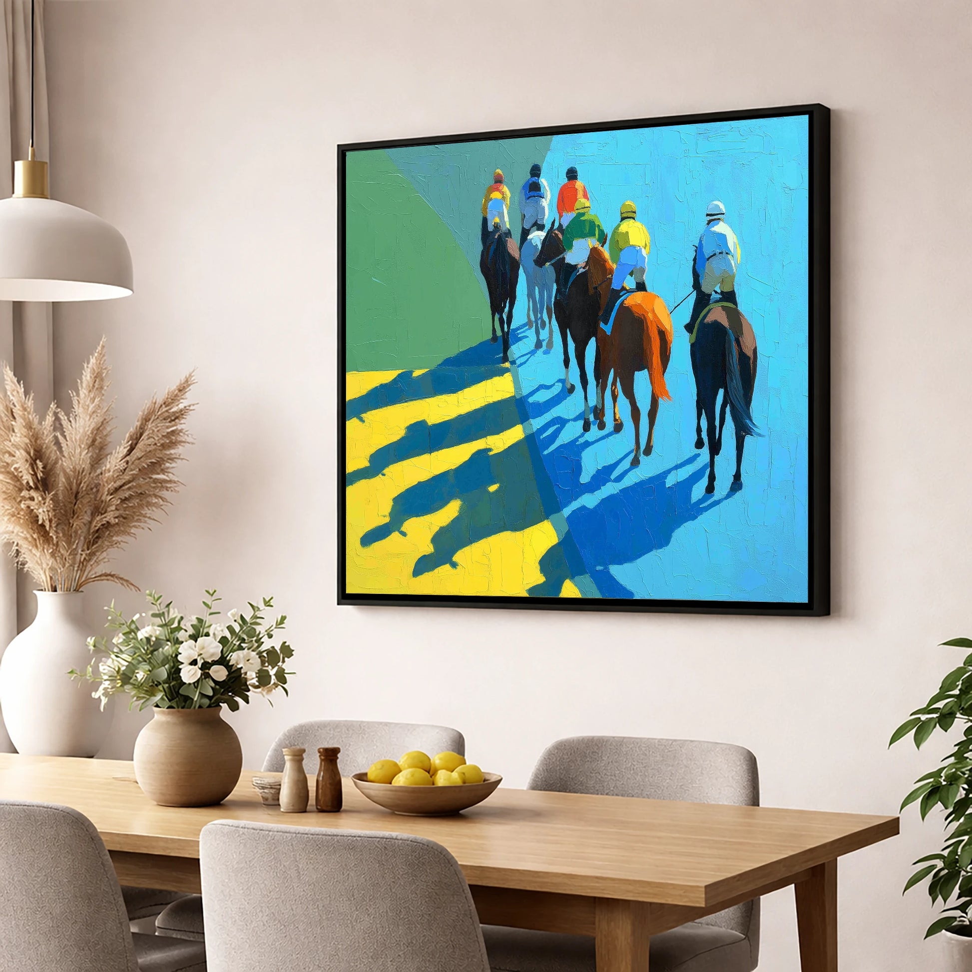 Bright Silks Long Shadows racing horse wall art displayed in a dining room
