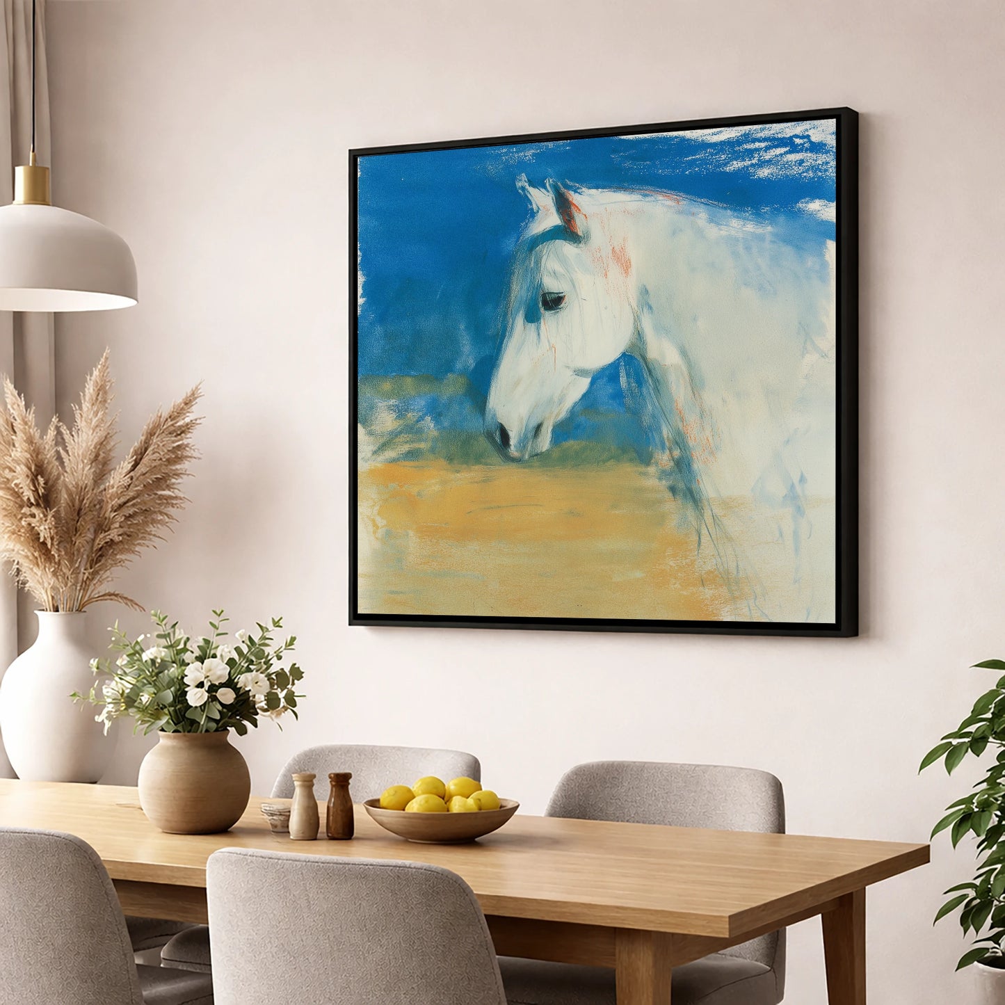 Cerulean Sky Grey horse breed wall art displayed in a dining room