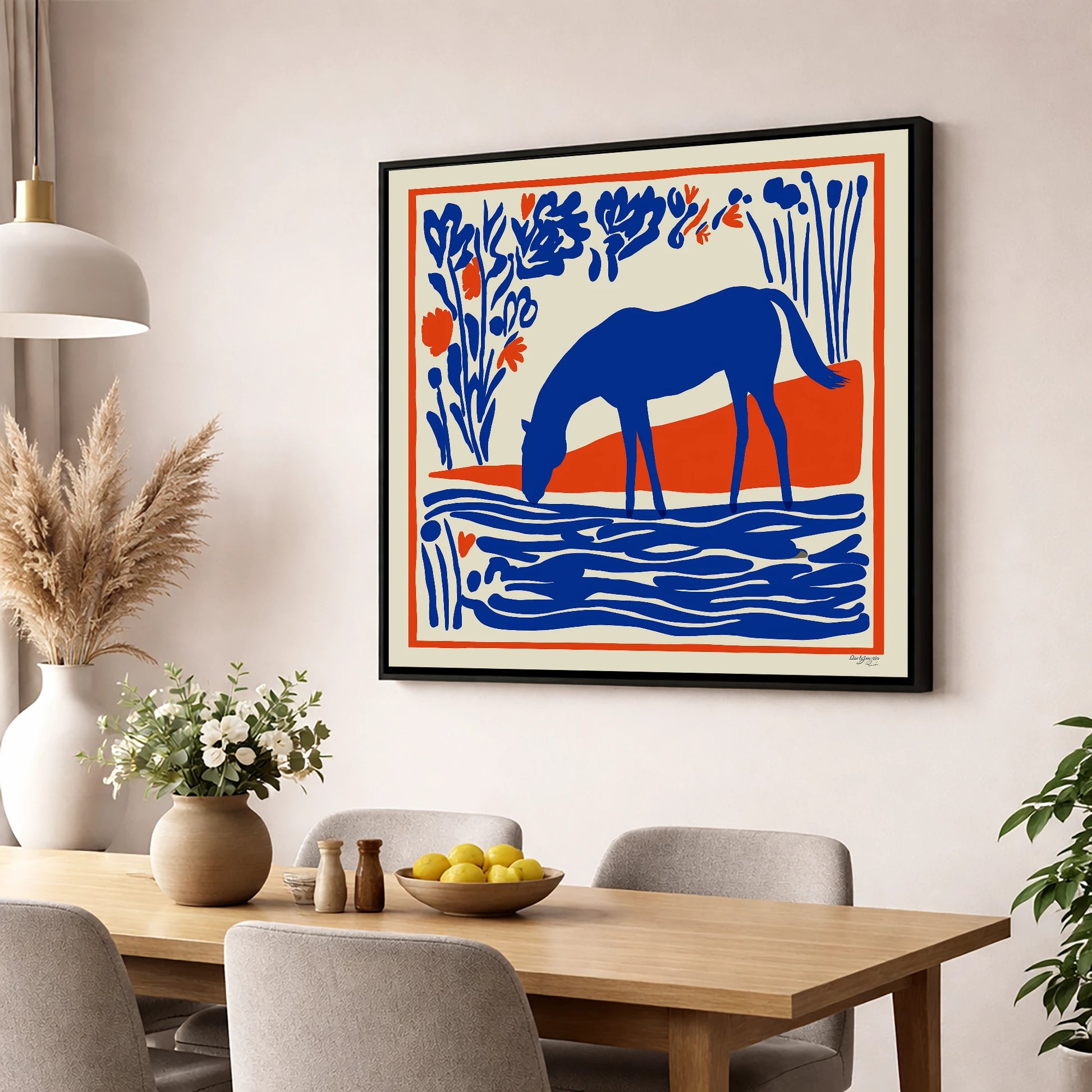 Cobalt Equine Oasis horse landscape wall art displayed in a dining room