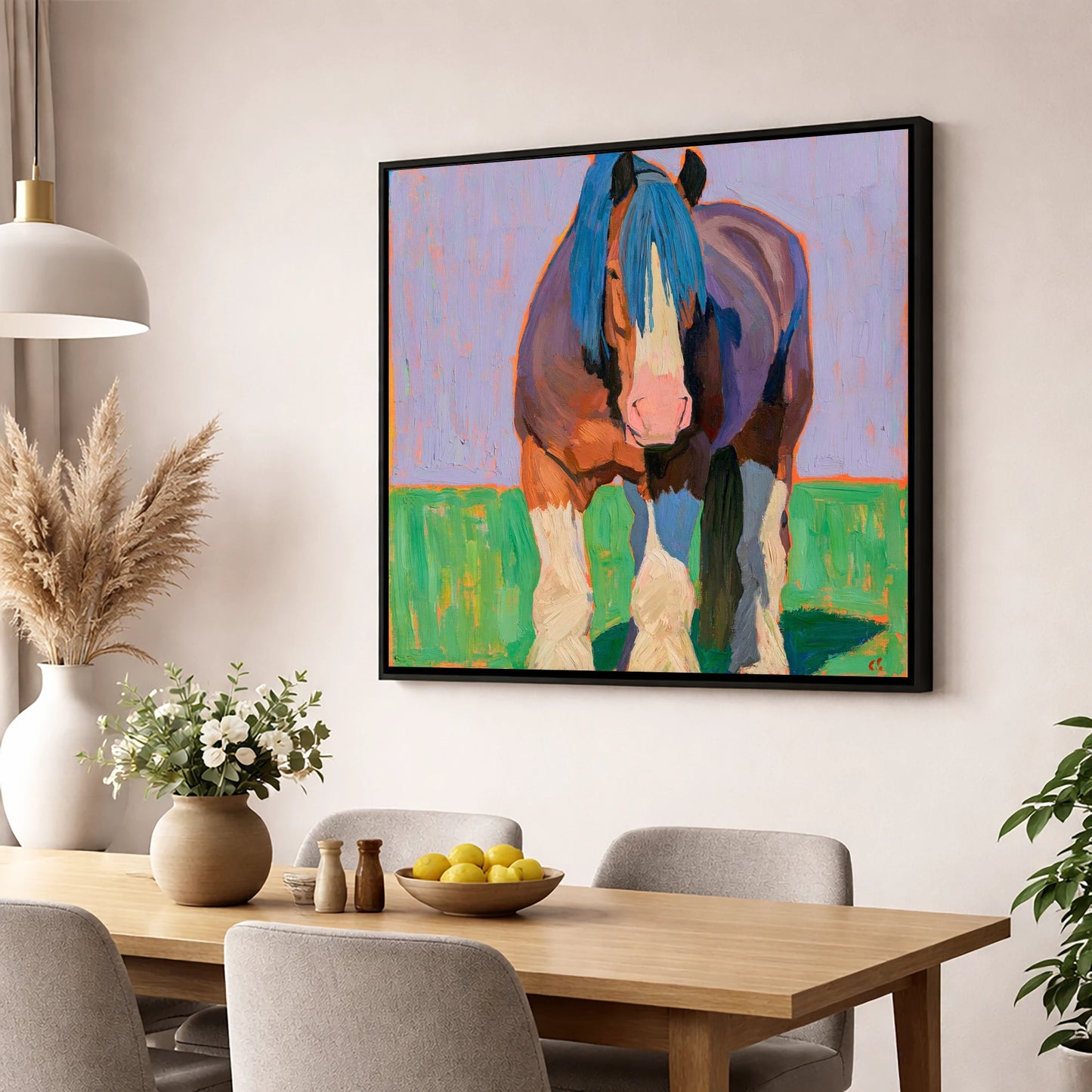 Vibrant Heavy Horse Portrait horse breed wall art displayed in a dining room