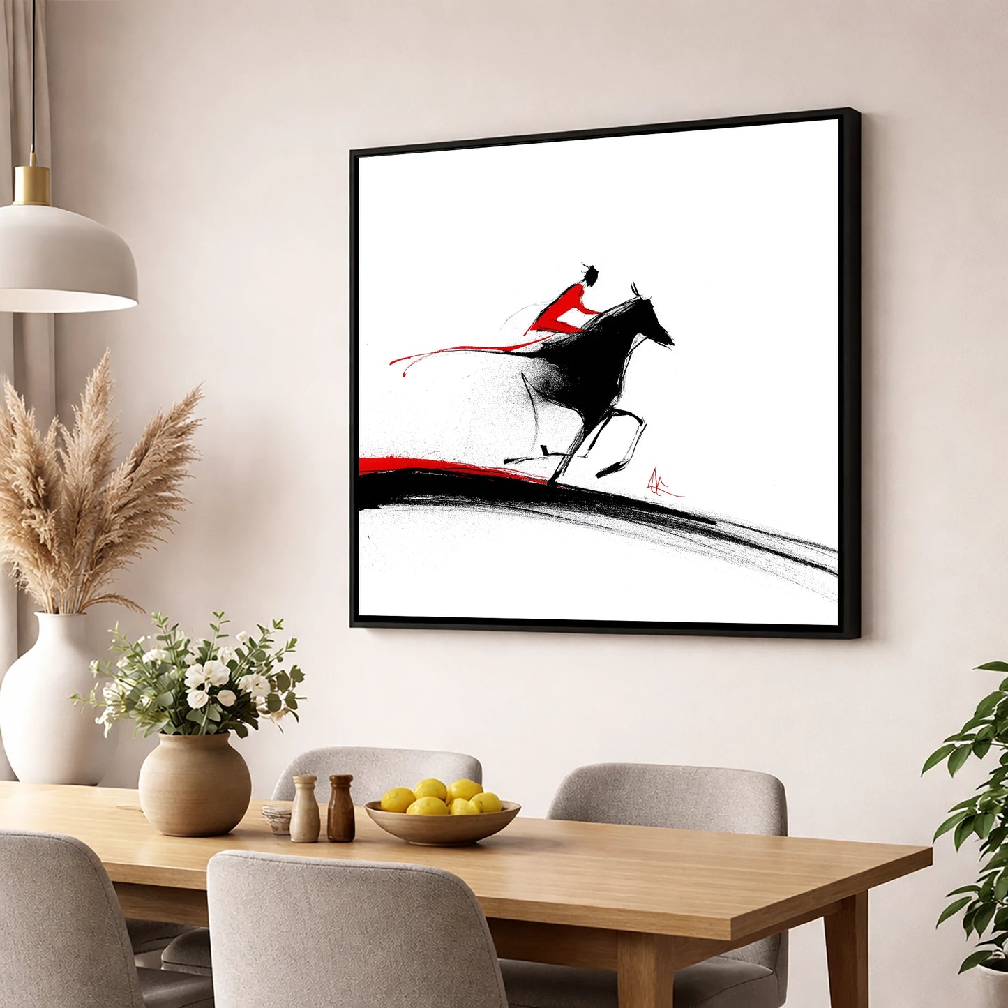 Crimson Pursuit racing horse wall art displayed in a dining room