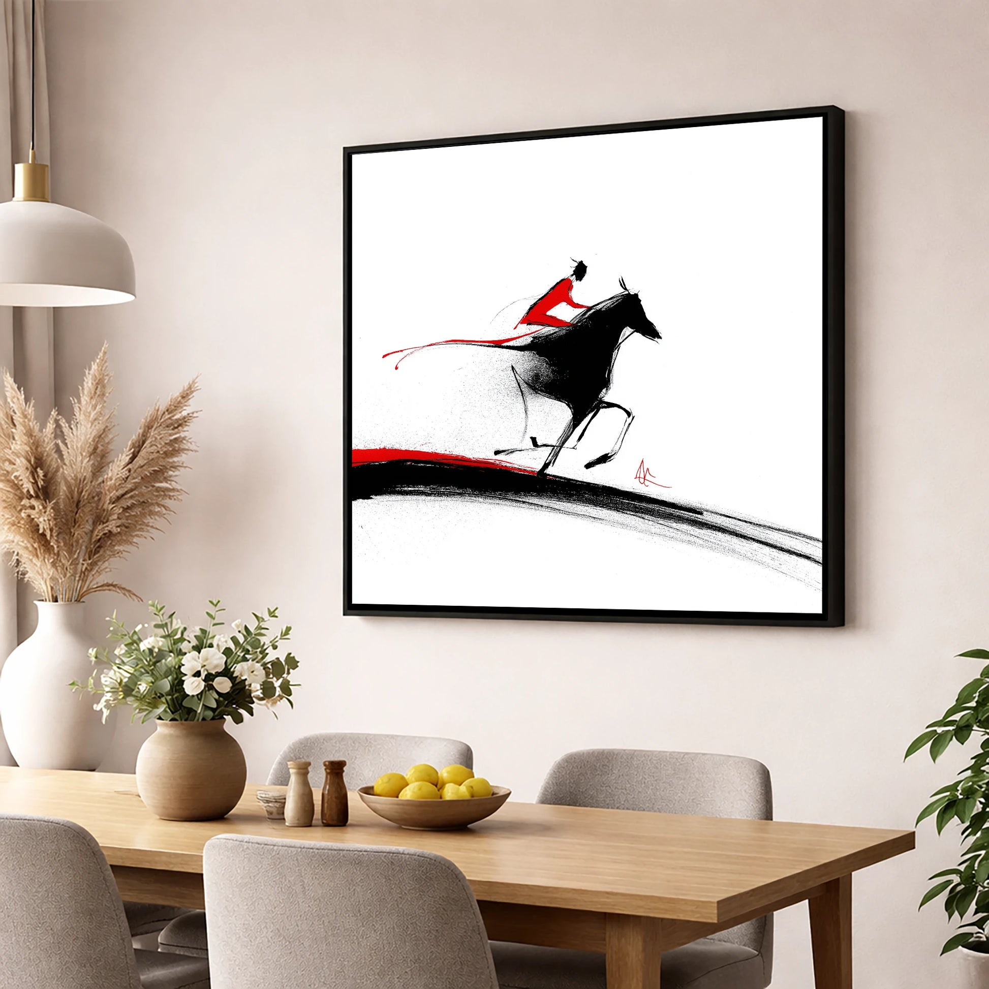 Crimson Pursuit racing horse wall art displayed in a dining room