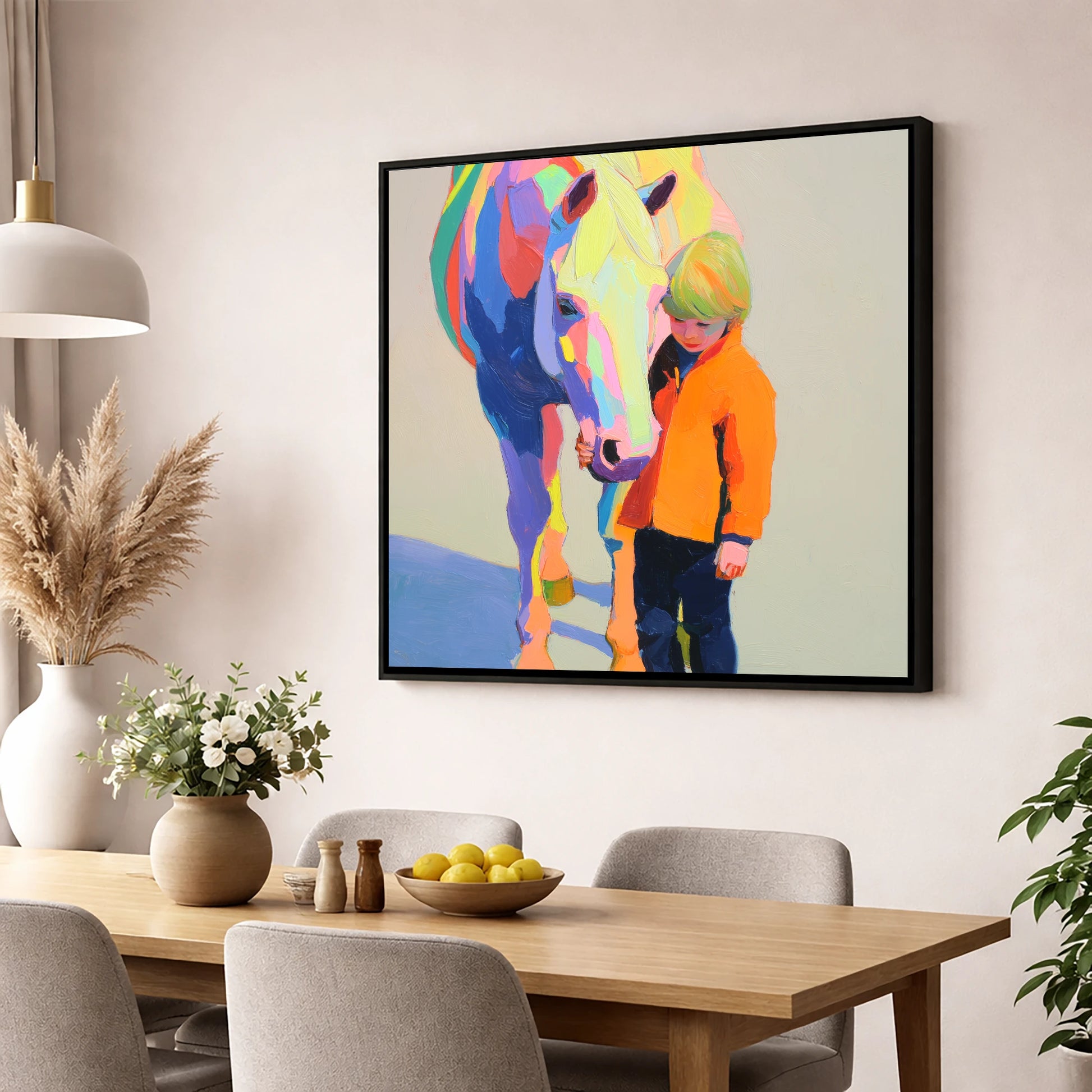 Radiant Bond horse & rider wall art displayed in a dining room