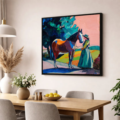 Painted Bond horse & rider wall art displayed in a dining room