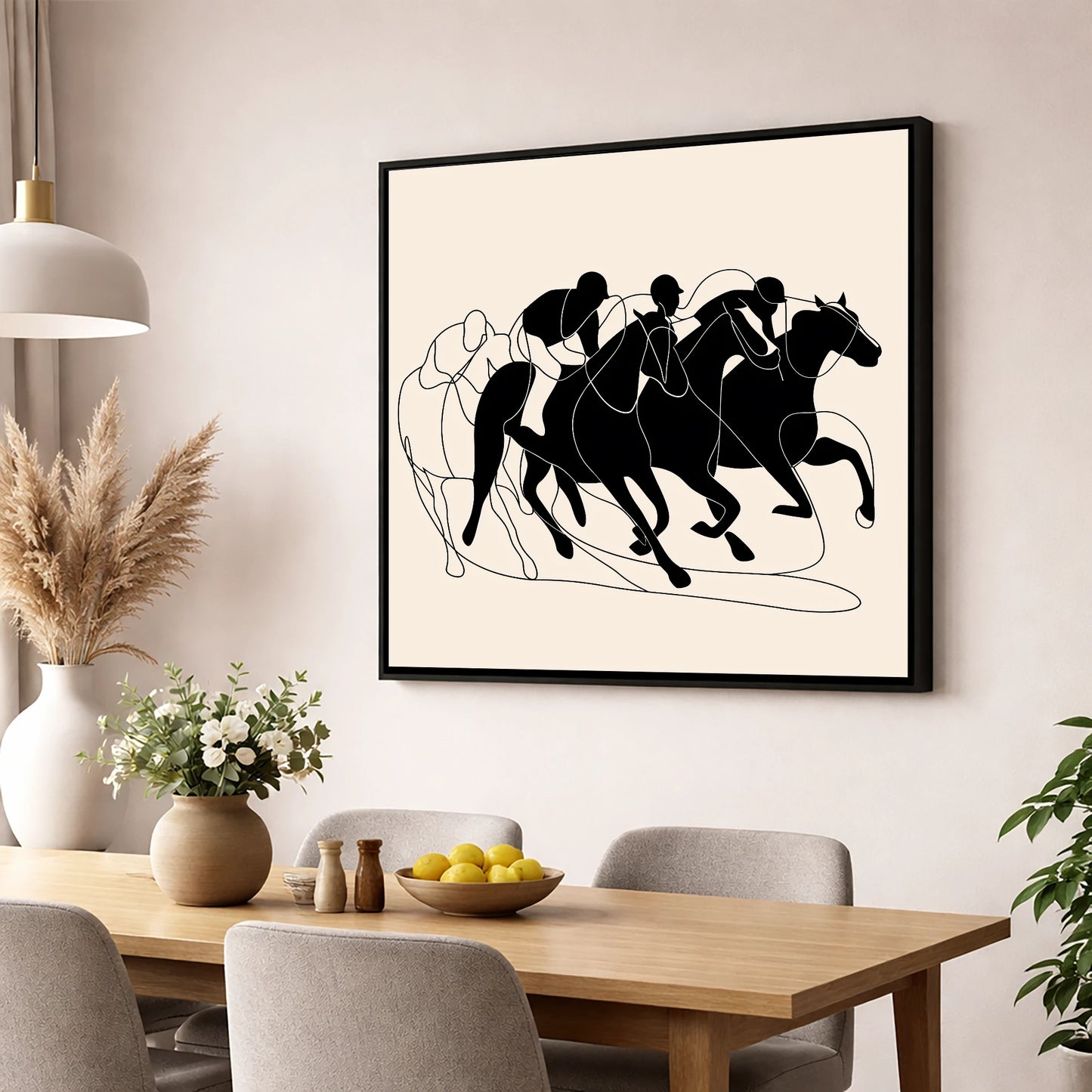 The Homestretch racing horse wall art displayed in a dining room