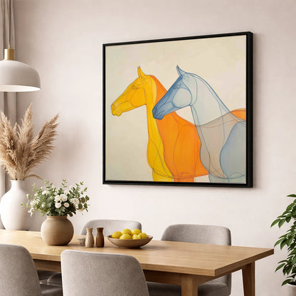 Synchronised Racing Profiles racing horse wall art displayed in a dining room