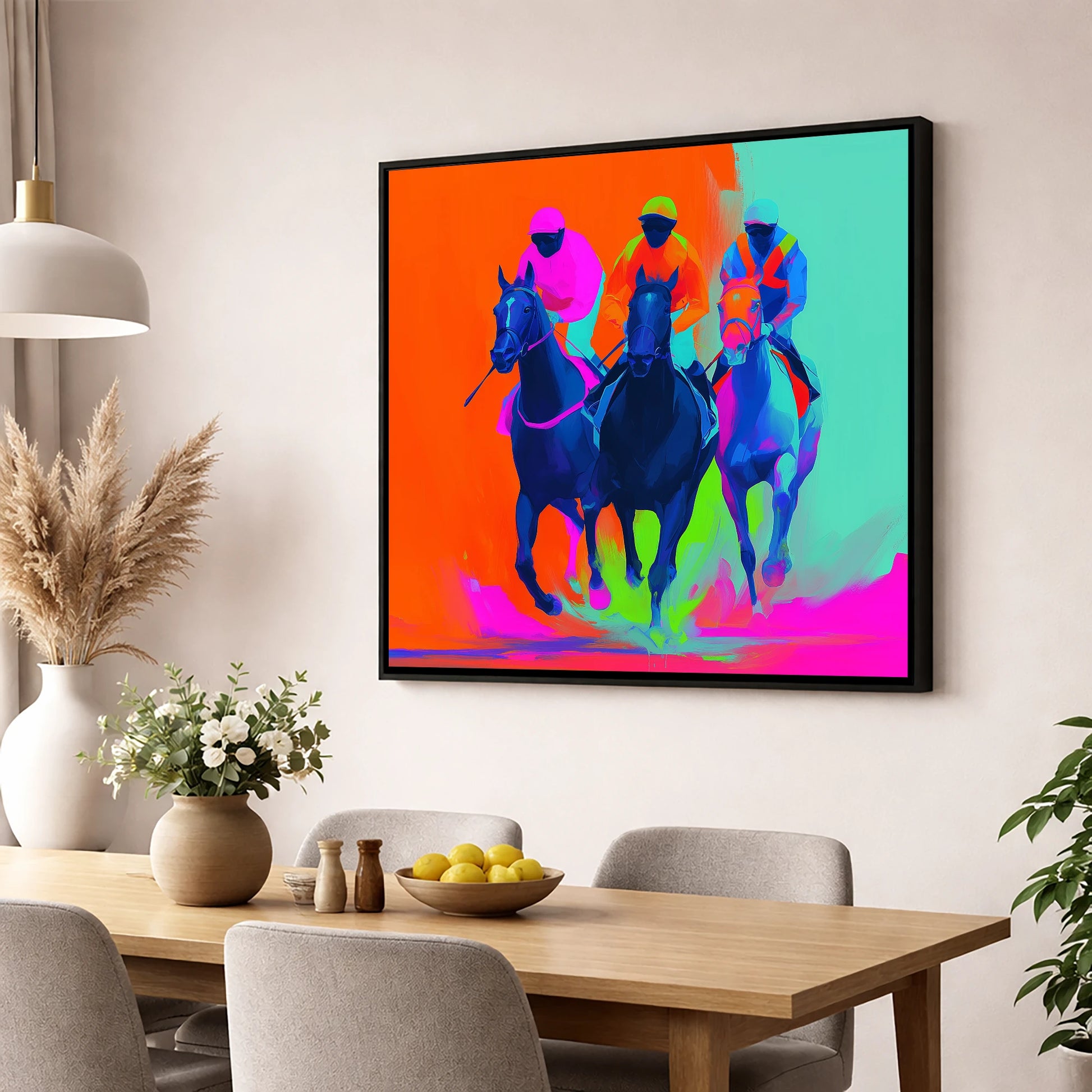 Neon Final Furlong racing horse wall art displayed in a dining room