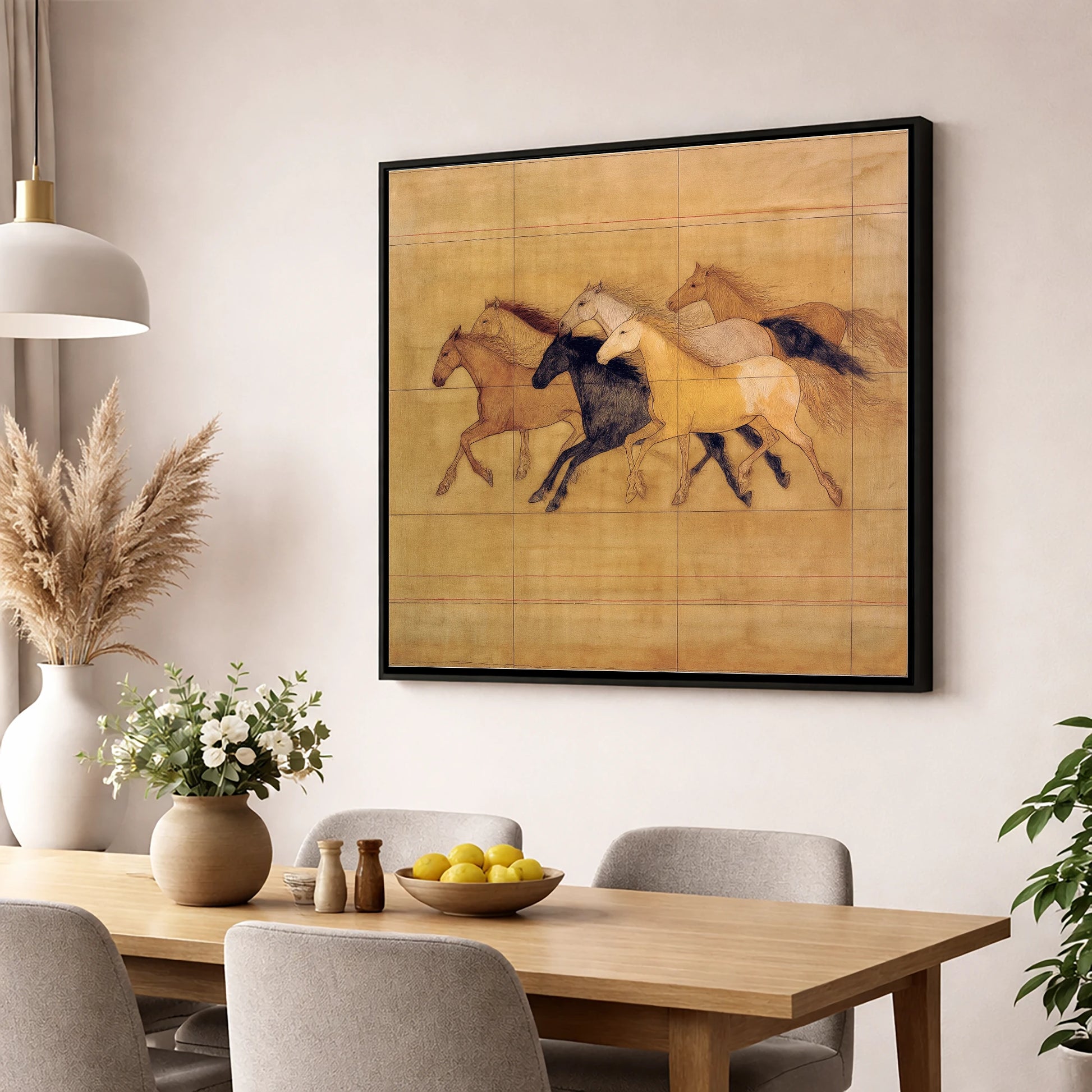 Classical Herd Study wild horses wall art displayed in a dining room