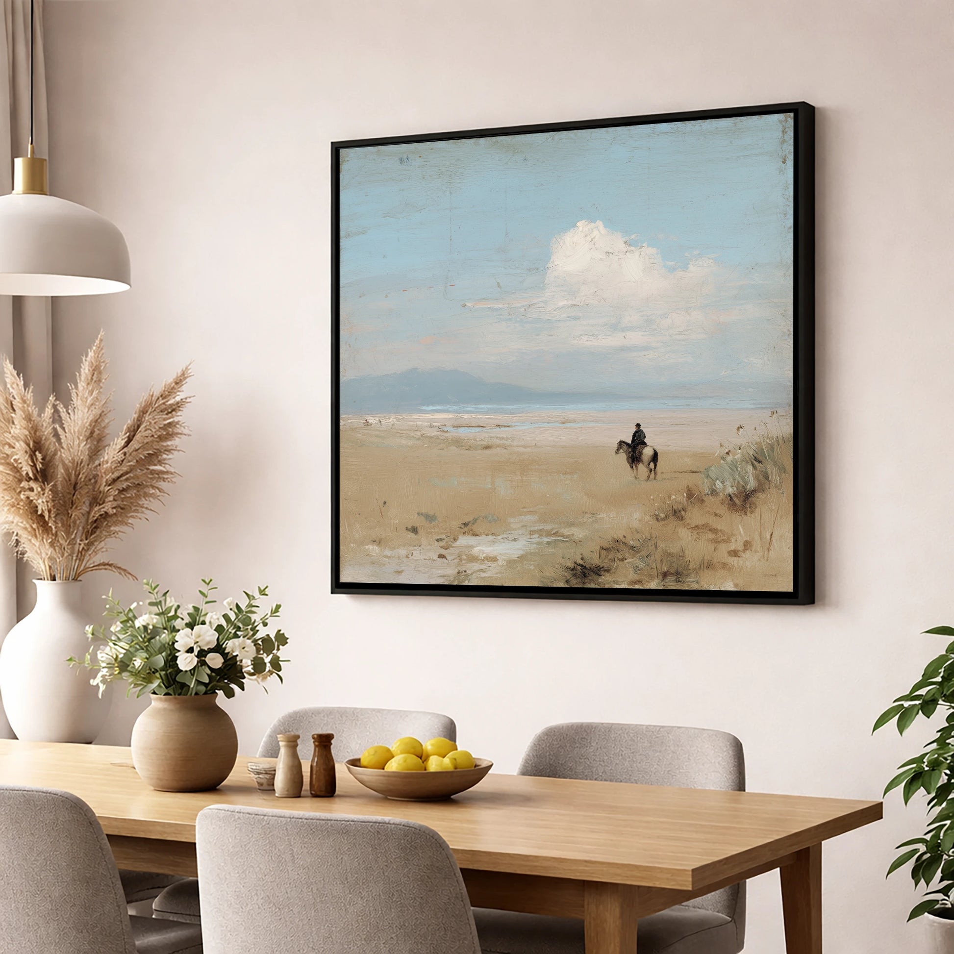 The Quiet Horizon horse landscape wall art displayed in a dining room