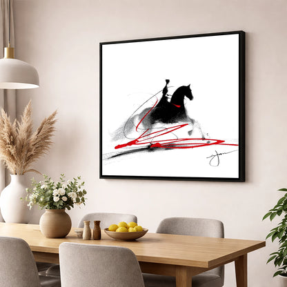 Passion in Passage dressage horse wall art displayed in a dining room