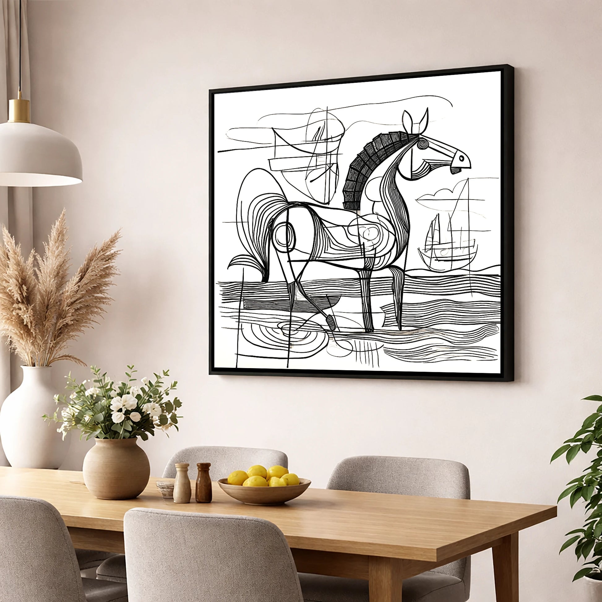 Abstract Coastal Equine beach horse wall art displayed in a dining room