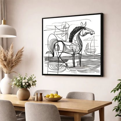 Abstract Coastal Equine beach horse wall art displayed in a dining room